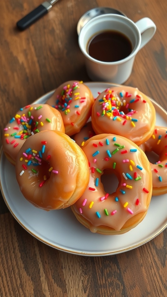 A plate of golden brown donuts with colorful sprinkles and icing on a rustic wooden table.